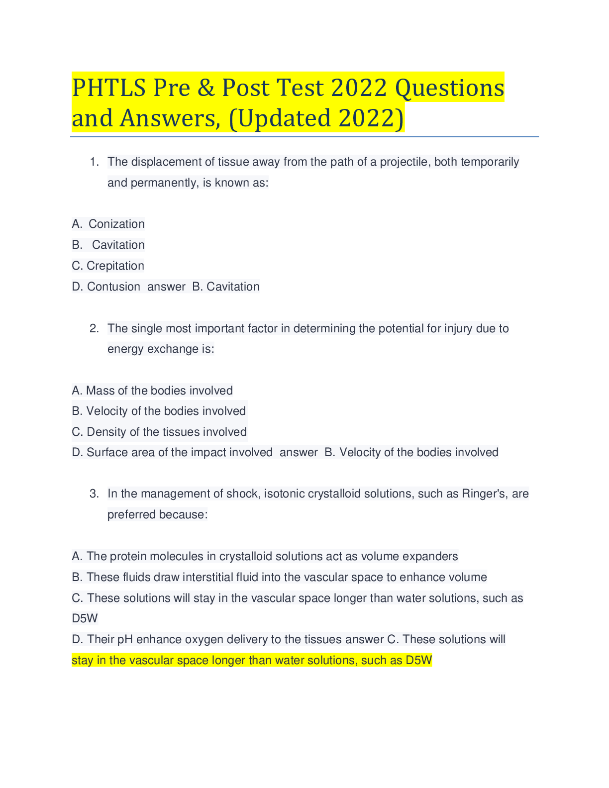 Preview image for PHTLS Pre & Post Test 2022 Questions and Answers, (Updated 2022)